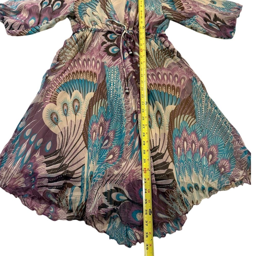 Tricia Fix Silk Peacock Print Dress Purple Teal Boho V-Neck Medium Made in USA - Picture 4 of 5
